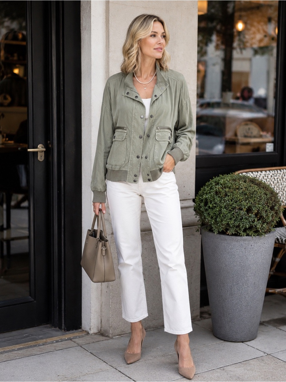 Marrakech Khaki Cupro Cotton Bomber Jacket Viscose Blend Utility Blouse L Moto